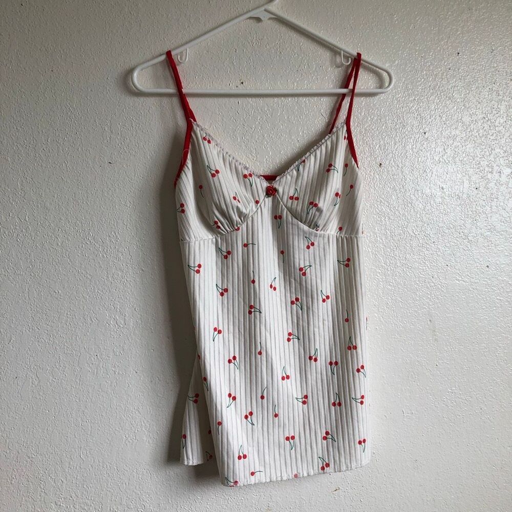 Y2K Aesthetic babydoll Cherry Print Ribbed Lace Trim Cami Top - Size S - Picture 2 of 6